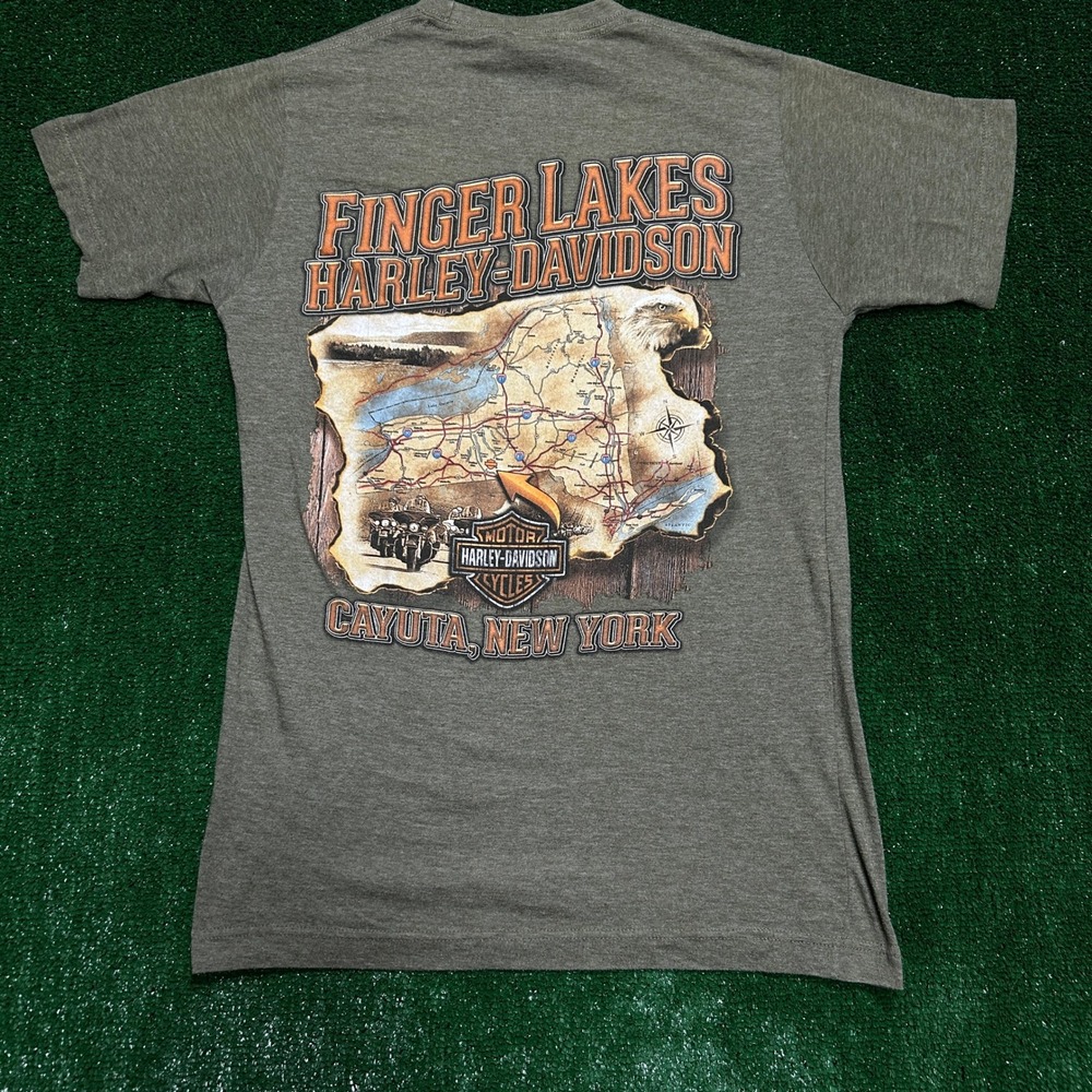 Harley-Davidson T-Shirt Women S Faded Olive Finger Lakes Cayuta NY Graphic Tee